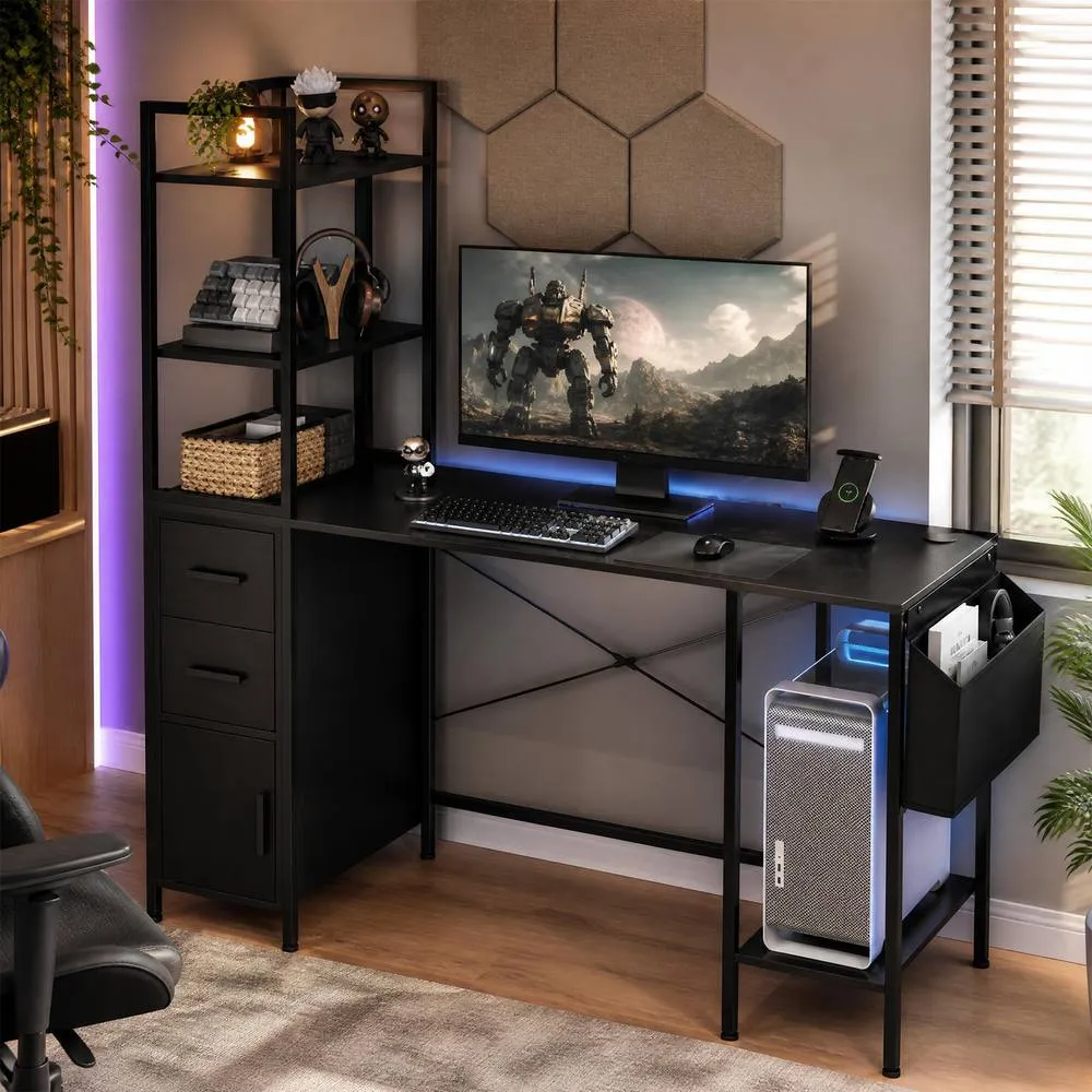 Costway Office Desk with LED Lights & Power Outlets Black Computer Desk with Shelf 3