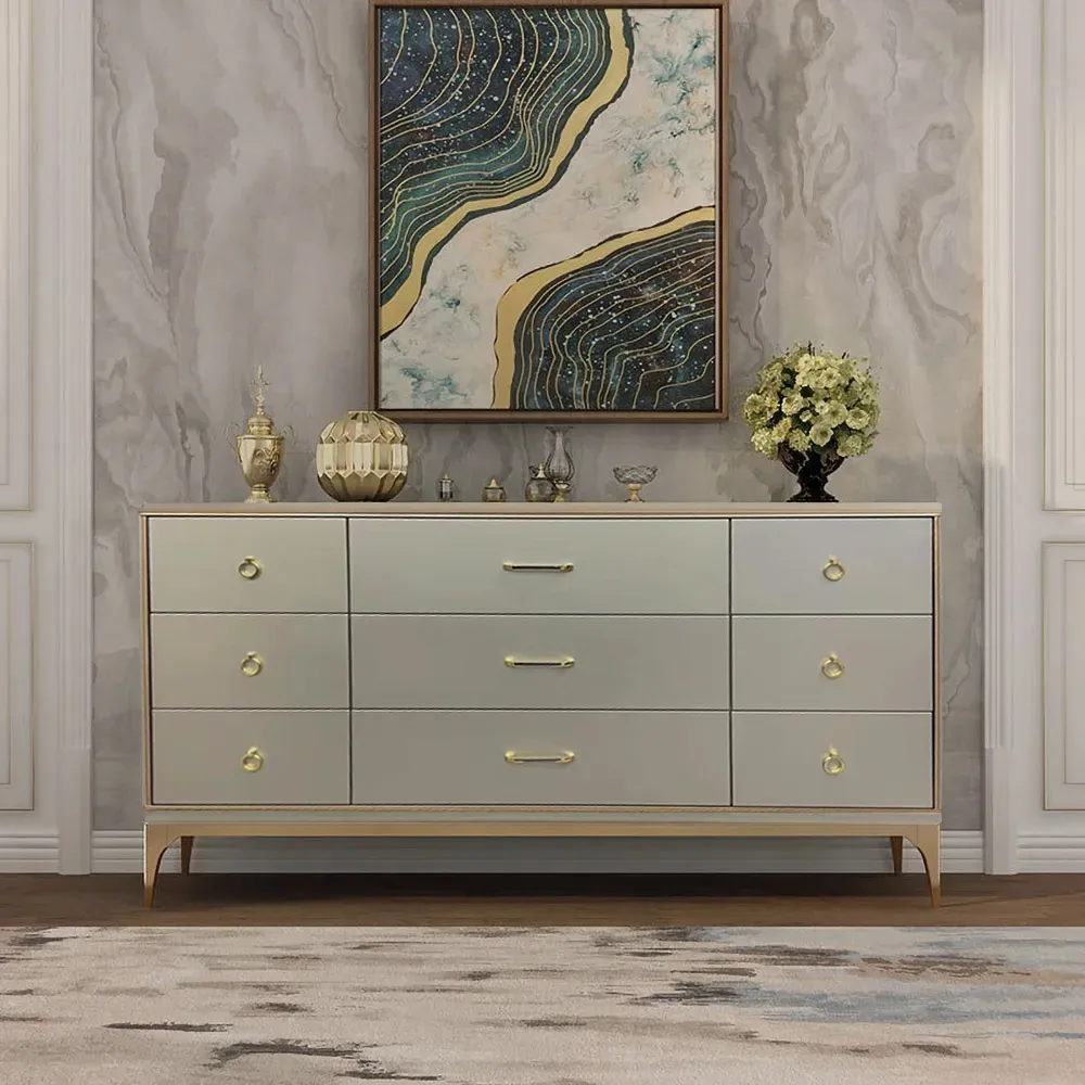 1600 mm Contemporary 9-Drawer Champagne Bedroom Dresser for Storage in Gold