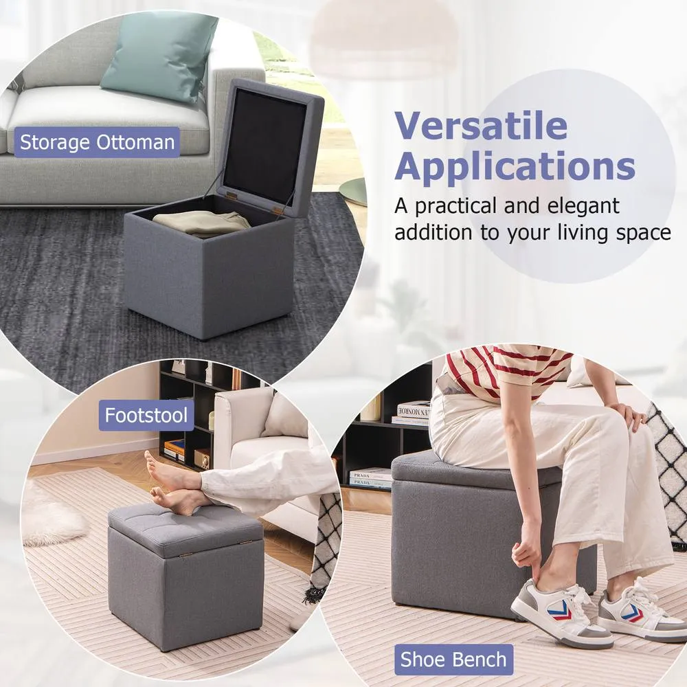 Costway Square Storage Ottoman Linen Fabric Upholstered Footstool in Grey 6