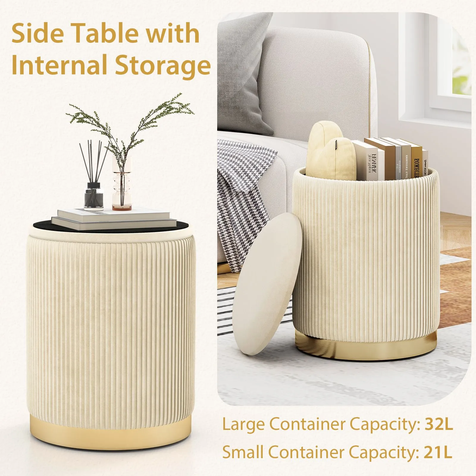 Costway 2 Pcs Velvet Round Footstools Nesting Storage Ottoman in Yellow 4