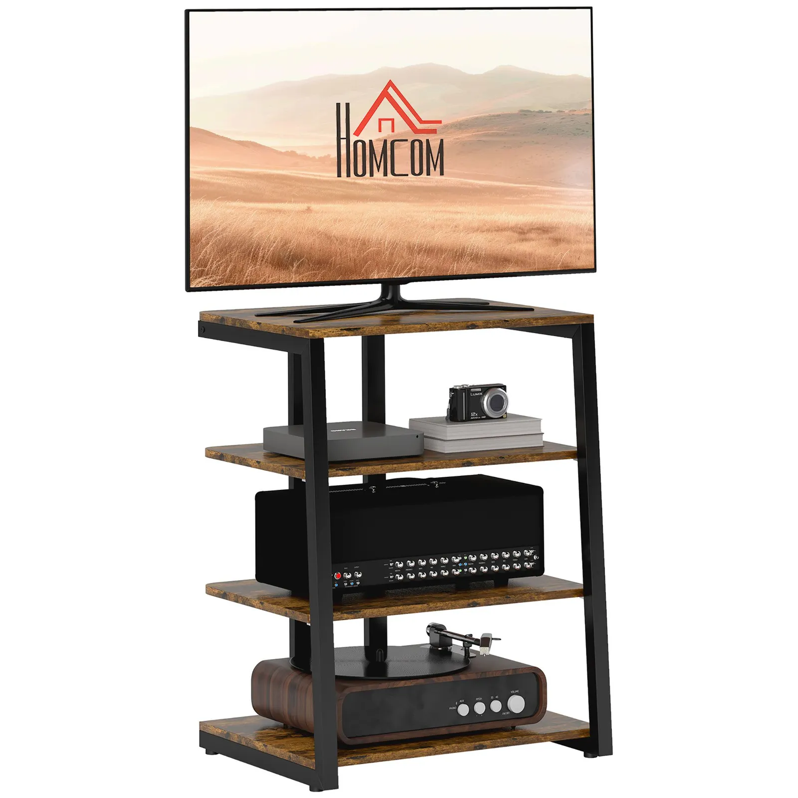 HOMCOM HiFi Rack Stand w/ 4-Tier Record Player Stand, Rustic Brown 2
