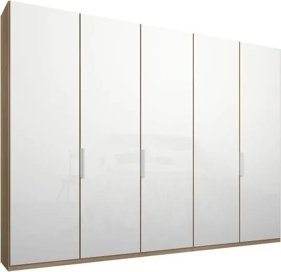 Caren 5 door 250cm Hinged Wardrobe, Oak Frame, White Glass Doors