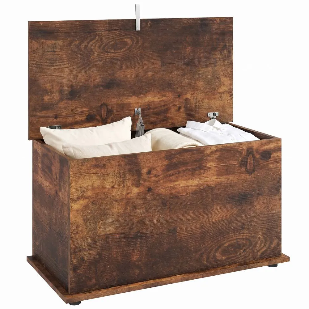 HOMCOM Storage Chest with Safety Hinged Lid, 102L Storage Box, Rustic Brown