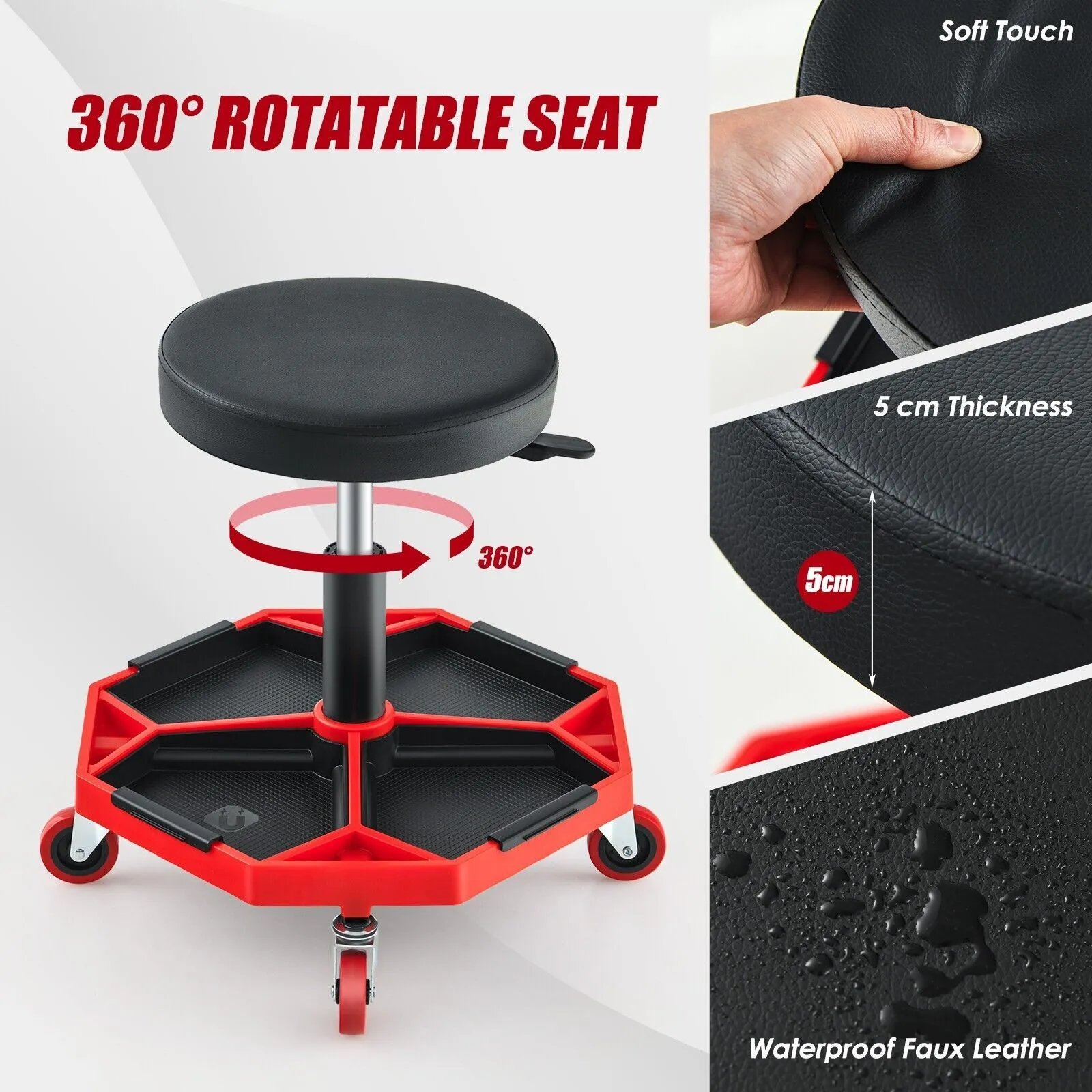 Costway Rolling Mechanic Stool Height Adjustable Workshop Creeper Seat 360 Swivel in Red 6