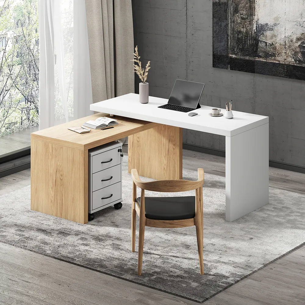 Modern L Shaped Executive Office Desk with with Movable File Cabinet White & Natural Swivel Desk Office Furniture (1520mm)