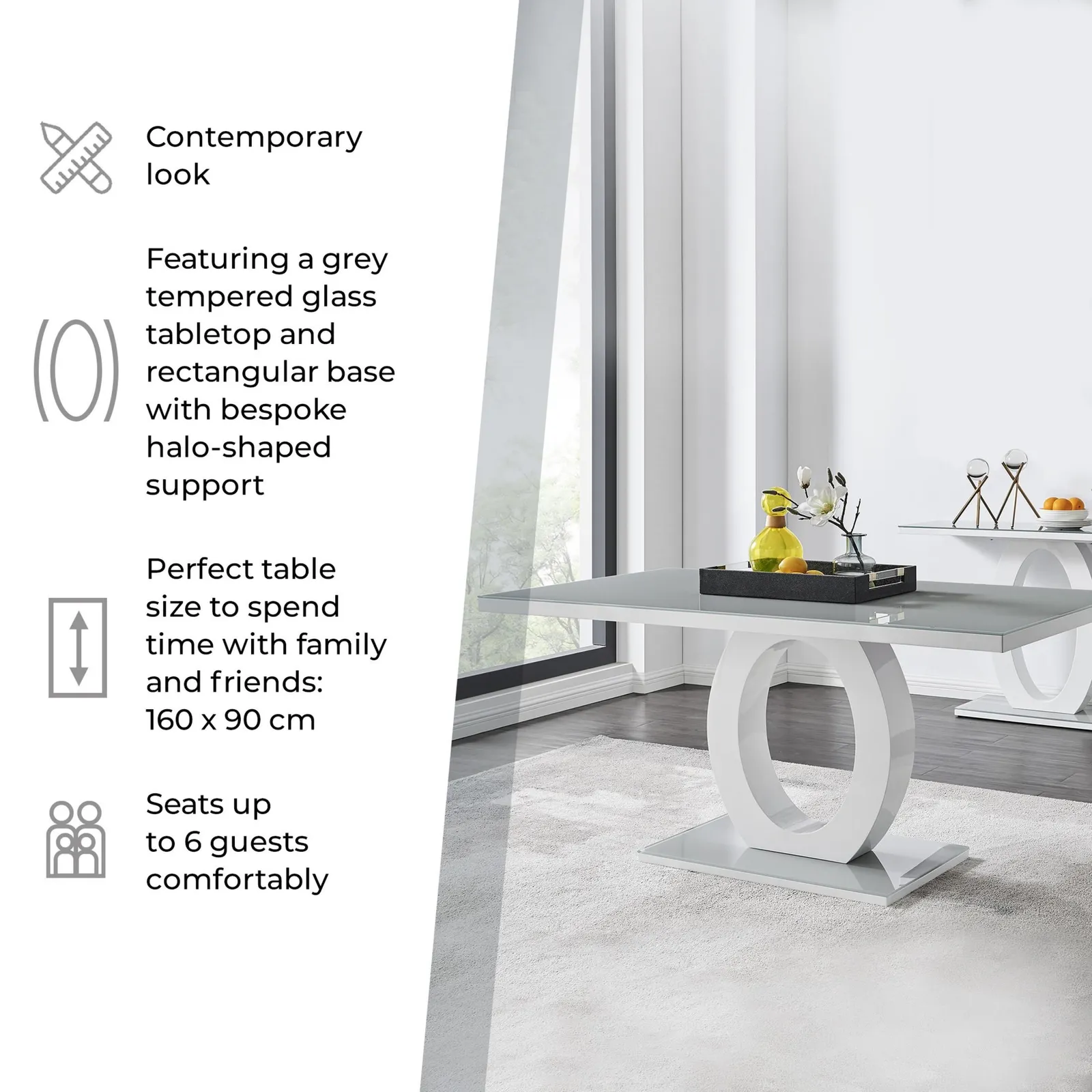 FurnitureboxUK Giovani 160cm 6-Seater Modern Rectangular High Gloss & Glass Dining Table in Grey 6