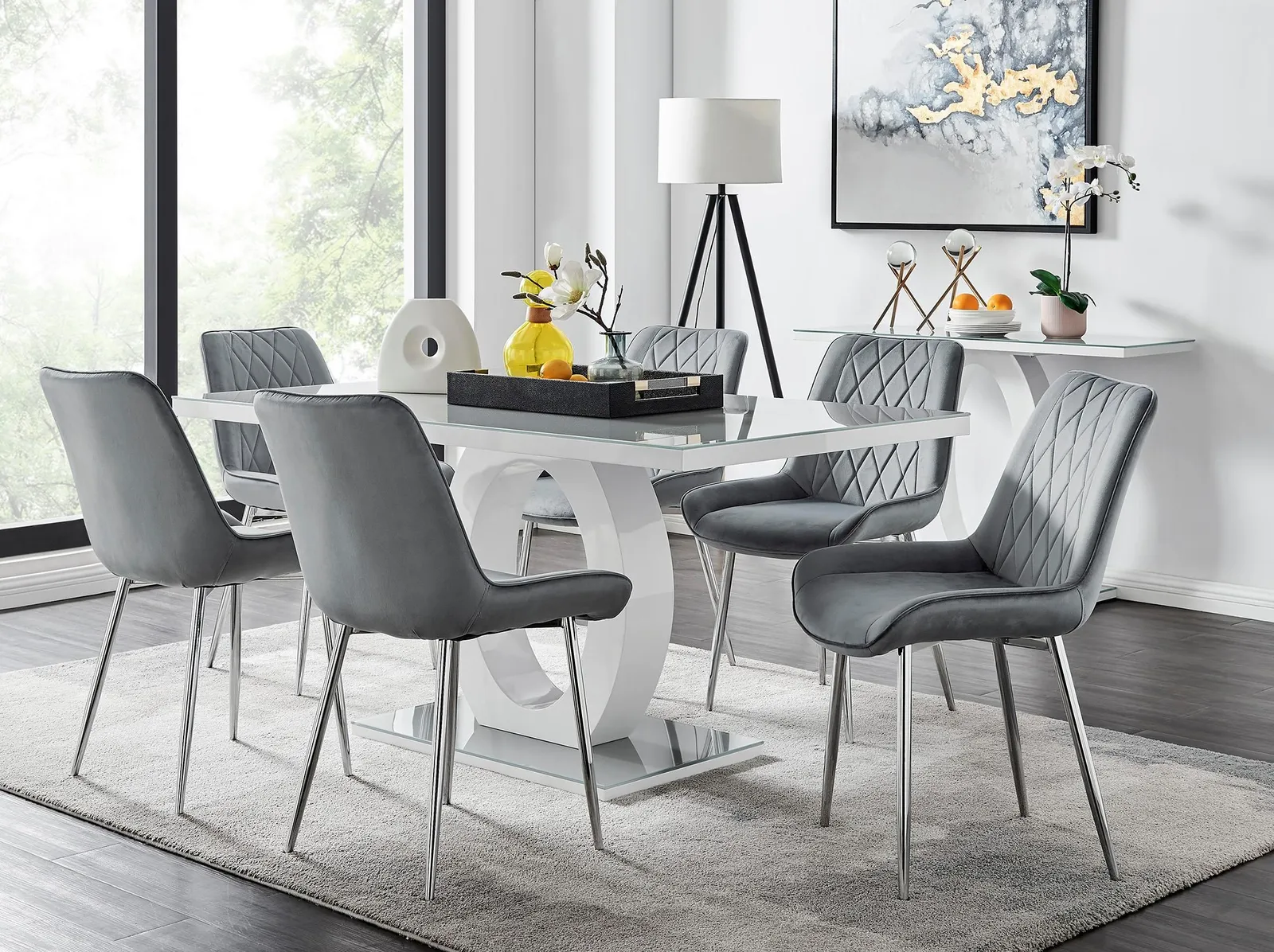 FurnitureboxUK Giovani 6-Seater Grey Glass Dining Table & 6 Pesaro Soft Velvet Dining Chairs 1