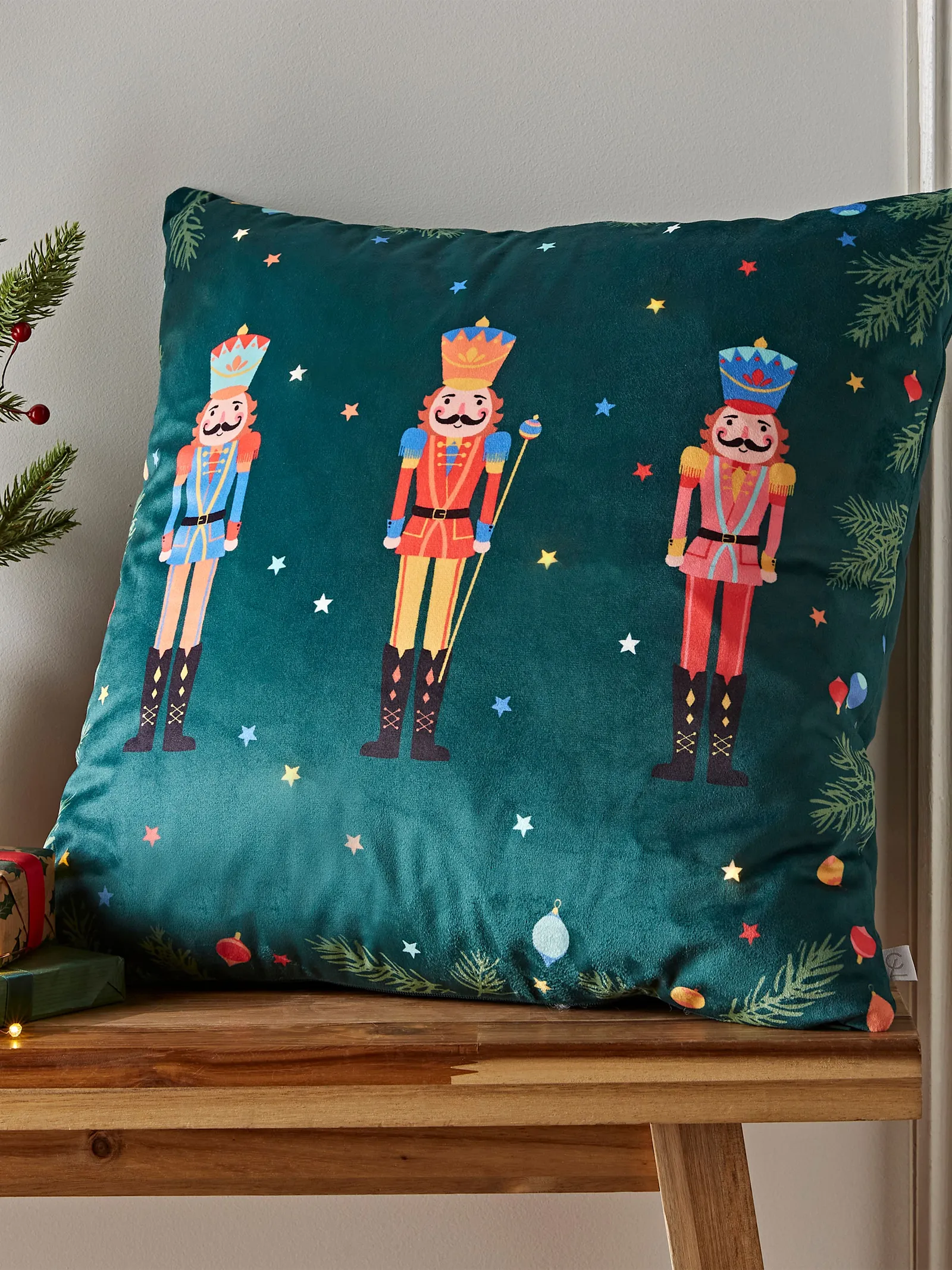Catherine Lansfield 'Christmas Nutcracker Light Up' Cushion in Green 2