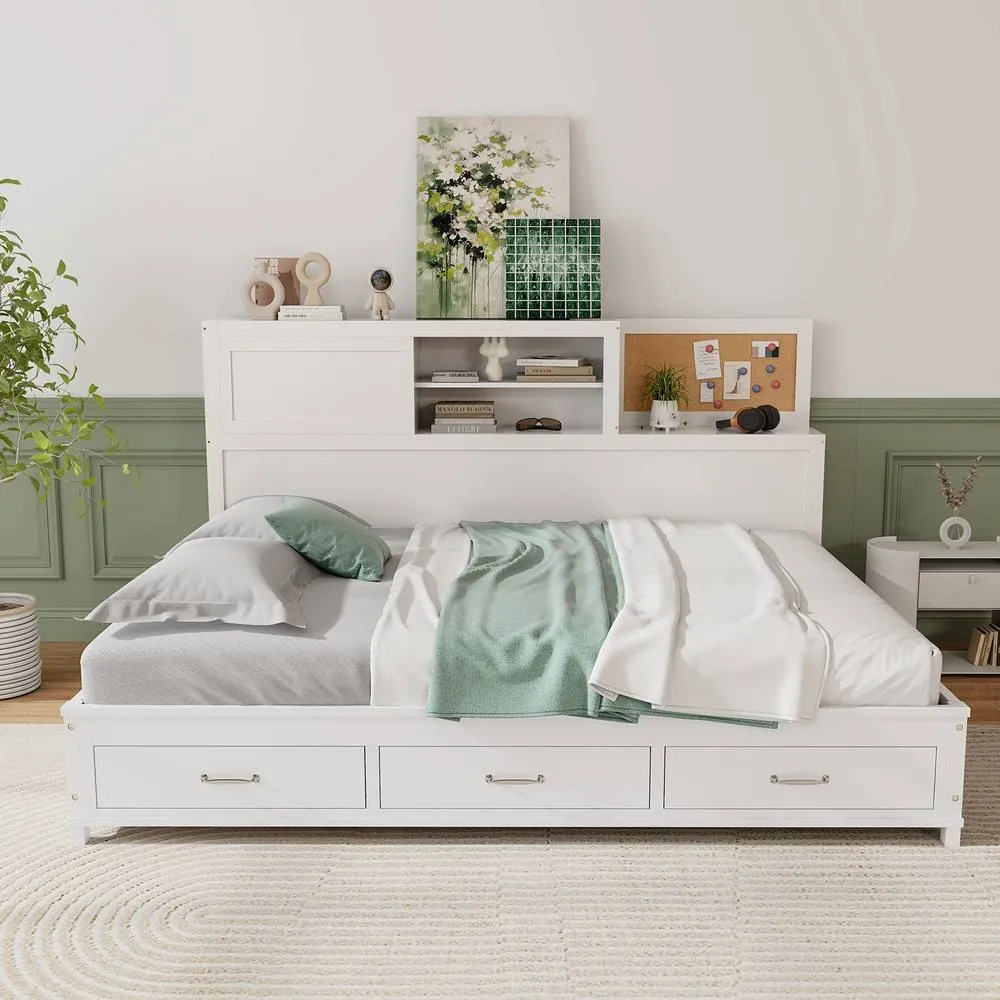 Costway Wooden Sofa Bed Frame with 3 Drawers Single/Double Size Guest Bed in White 4