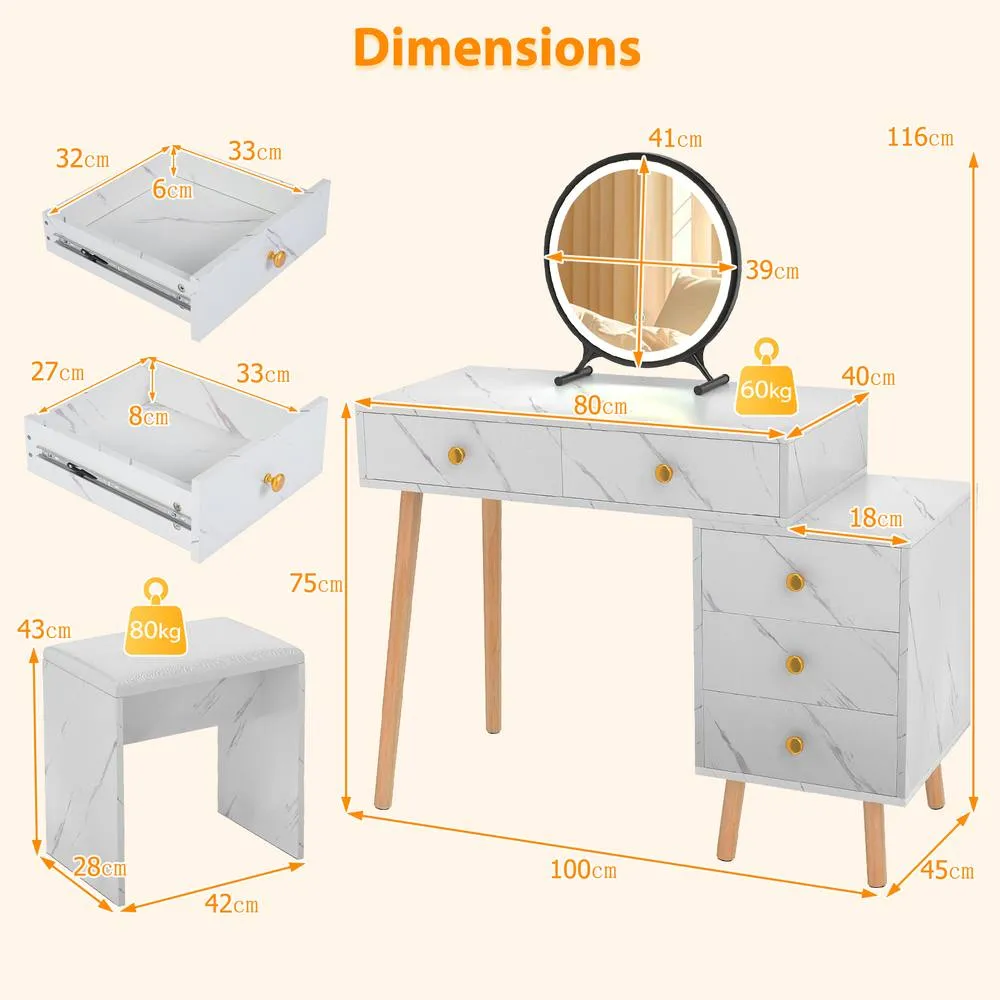 Costway Modern Vanity Desk w/Stool Makeup Vanity Set w/Mirror & 3 Modes Lights in White 2