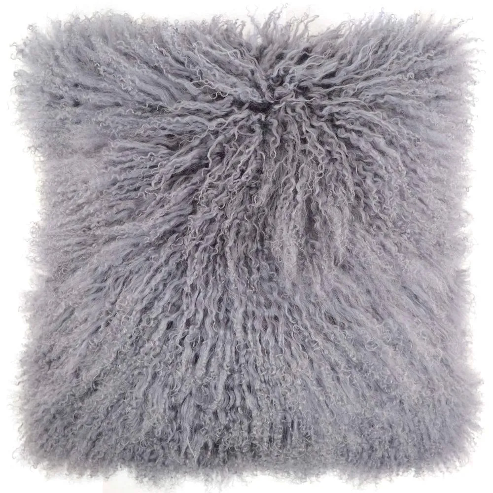 SNUGRUGS Mongolian Long Curly Wool Sheepskin Cushion with Inner - 40cm x 40cm in Grey