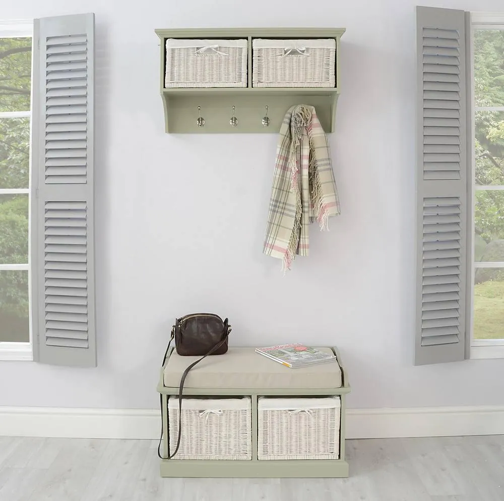 Statement Furniture Tetbury Small Hallway Coat Rack / Shelf with Wicker Storage Baskets in Light Green 5