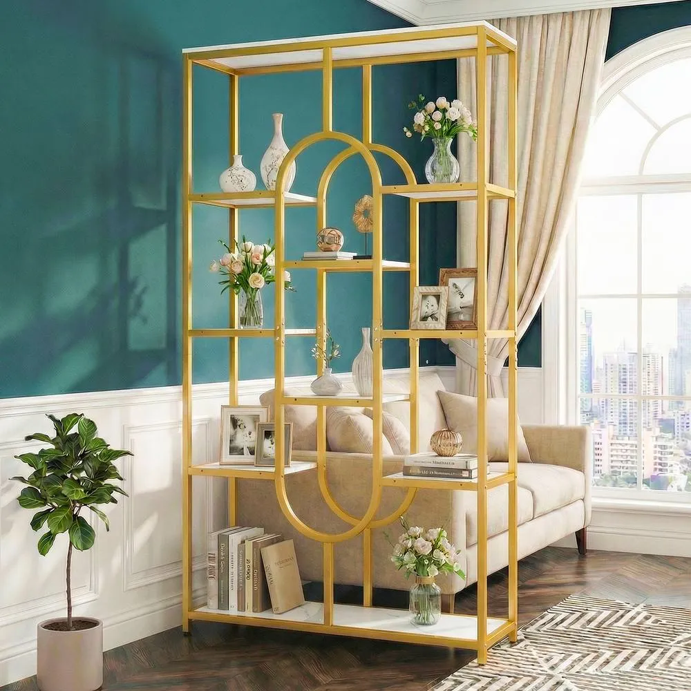 Costway 10-Tier Geometric Bookshelf 175CM Open Bookcase w/ Faux Marble Shelves in White 4