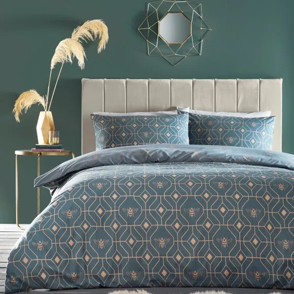Furn. Bee Deco Geometric Double Duvet Cover Set, Blue 1