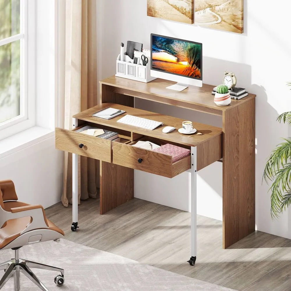 Costway Extendable Computer Desk Convertible Home Office Desk w/ Drawers in Natural 5