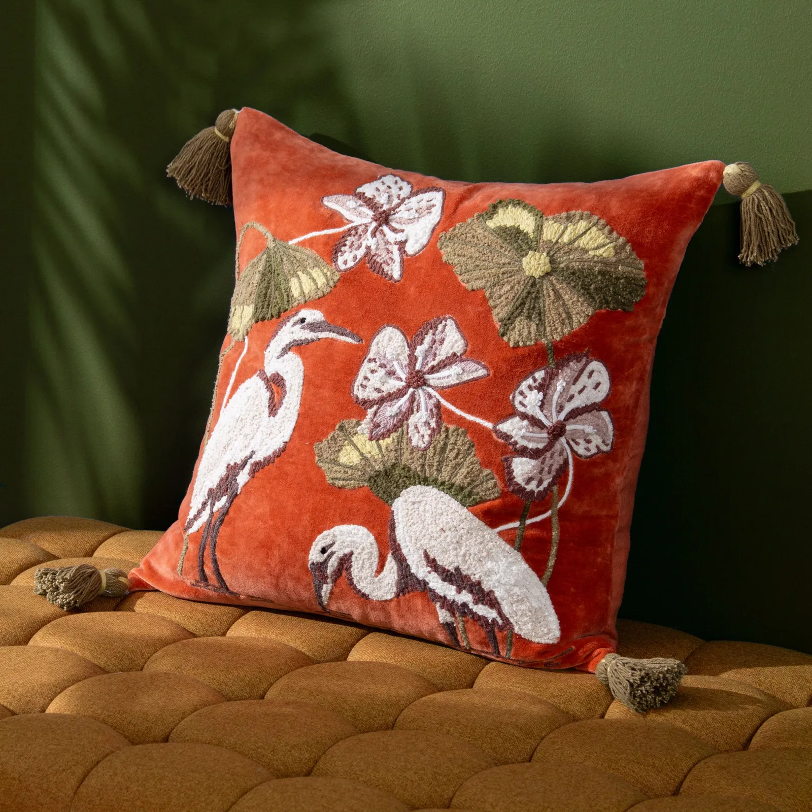 Wylder Tropics Kushiro Embroidered Velvet Cushion in Coral