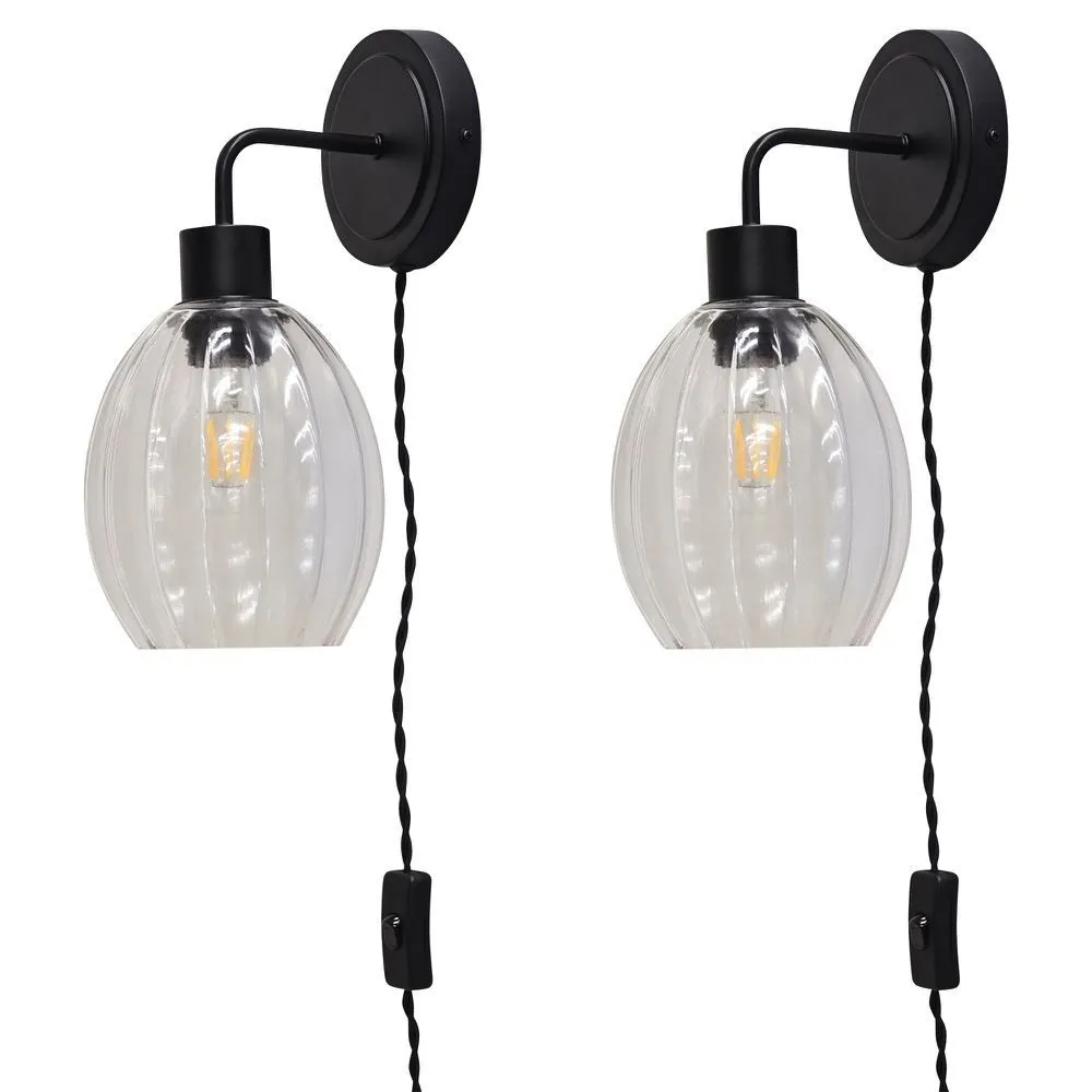 First Choice Lighting Set of 2 Toby - Black Plug in Wall Lights Fluted Glass Shades