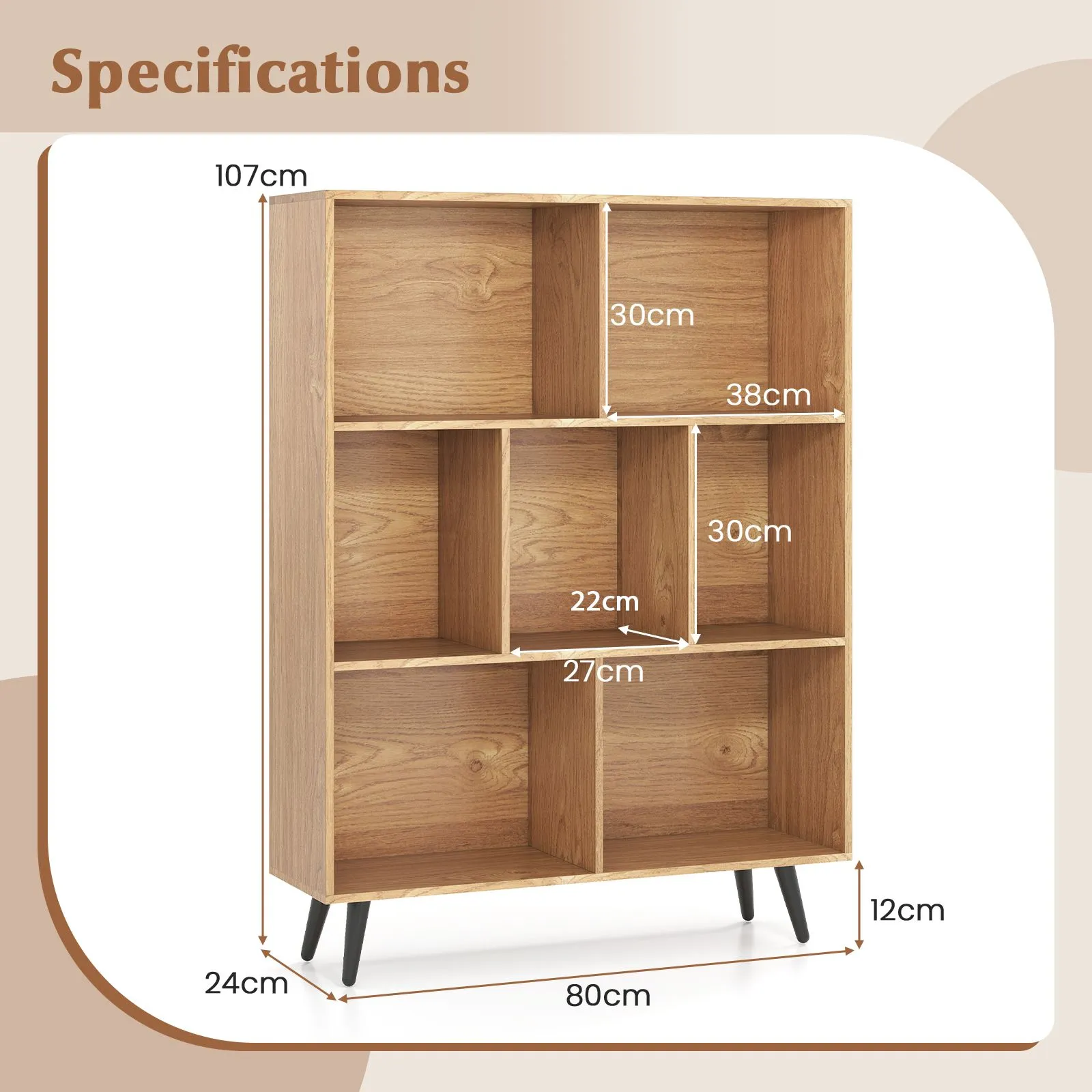 Costway 7-Cube Bookcase Mid Century Modern Storage Organizer in Natural 2