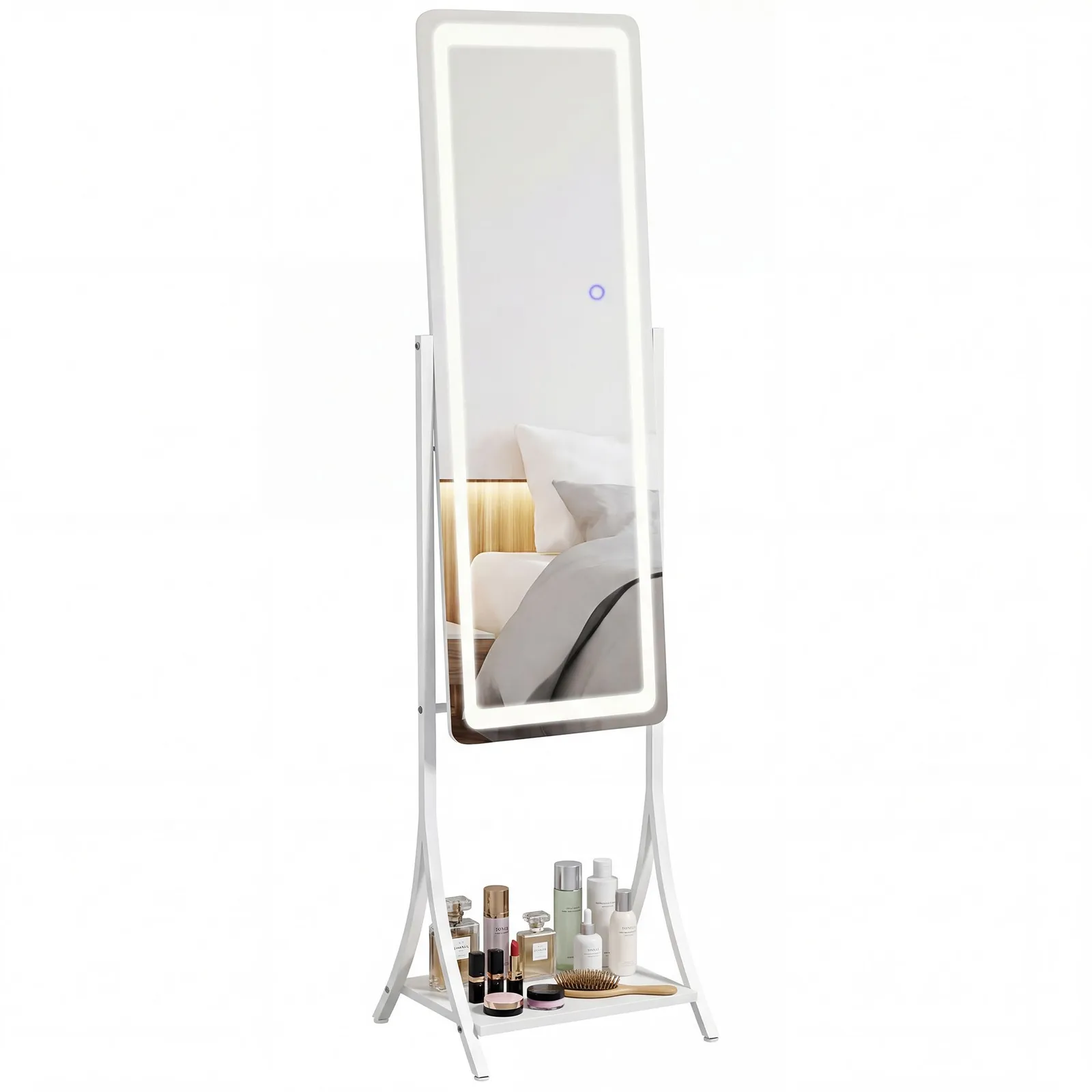 HOMCOM LED Lighted Full Length Mirror, Floor Standing Mirror with Shelf in White 2