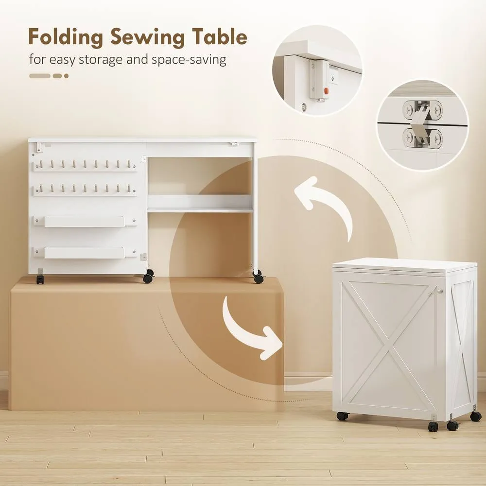 HOMCOM Folding Sewing Table, Craft Table with Storage compartments, White 5