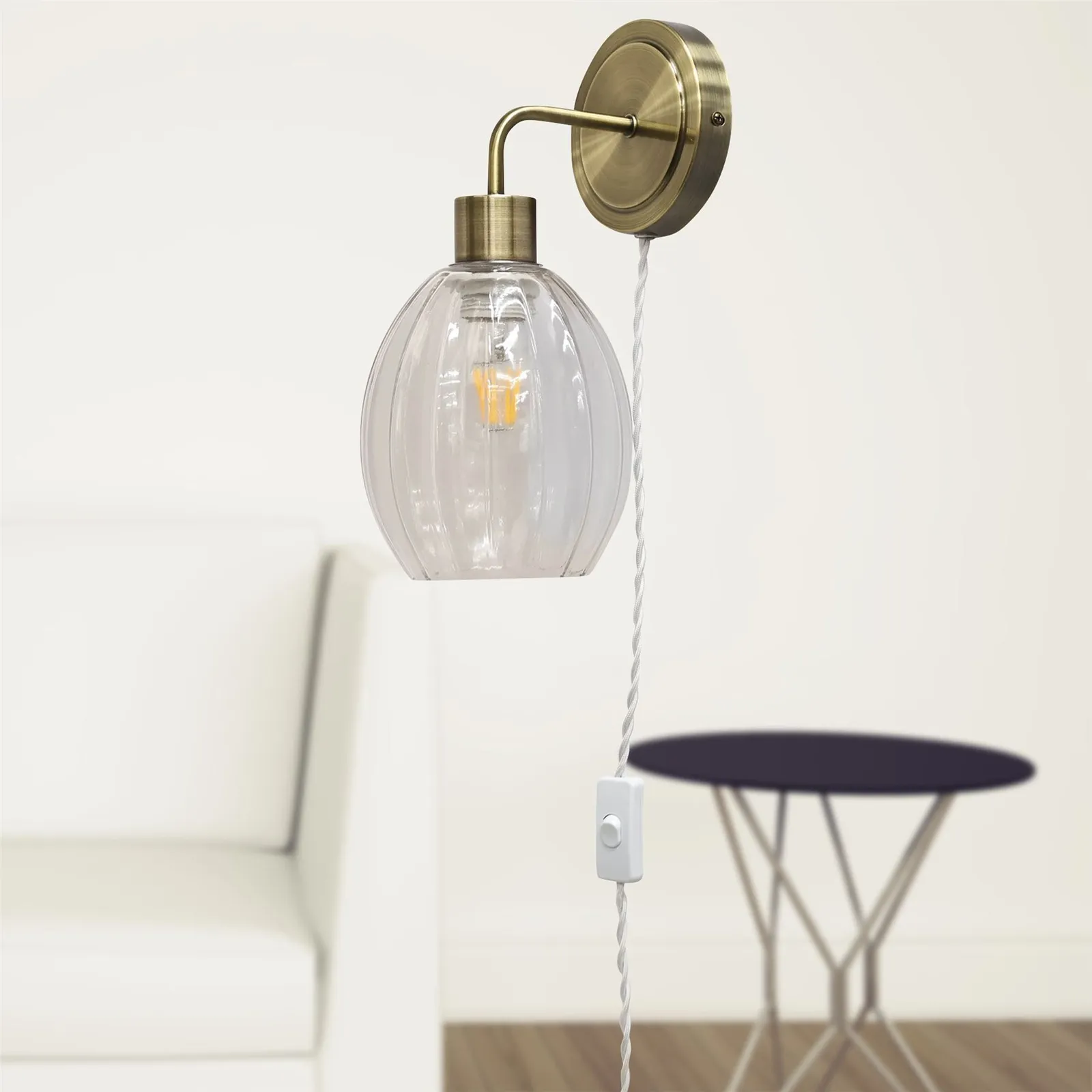 First Choice Lighting Toby - Antique Brass Plug in Wall Light with Birch Fluted Glass Shade in Gold 4