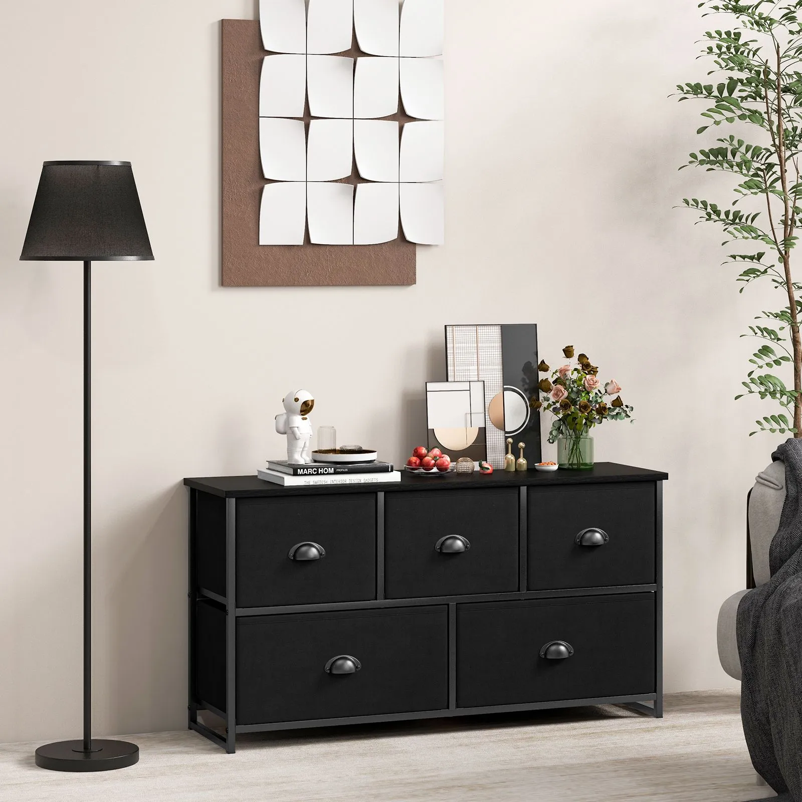 Costway 5 Drawers Cabinet 2-Tier Fabric Storage Organizer Chest of Drawers w/ Baskets in Black 2