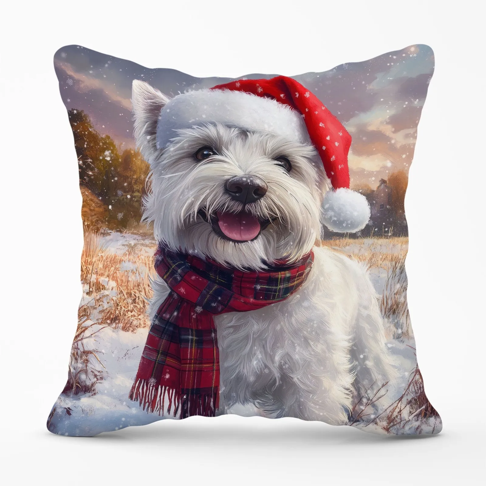 Warren Reed - Designer Snowy Christmas West Highland Terrier Cushion in White