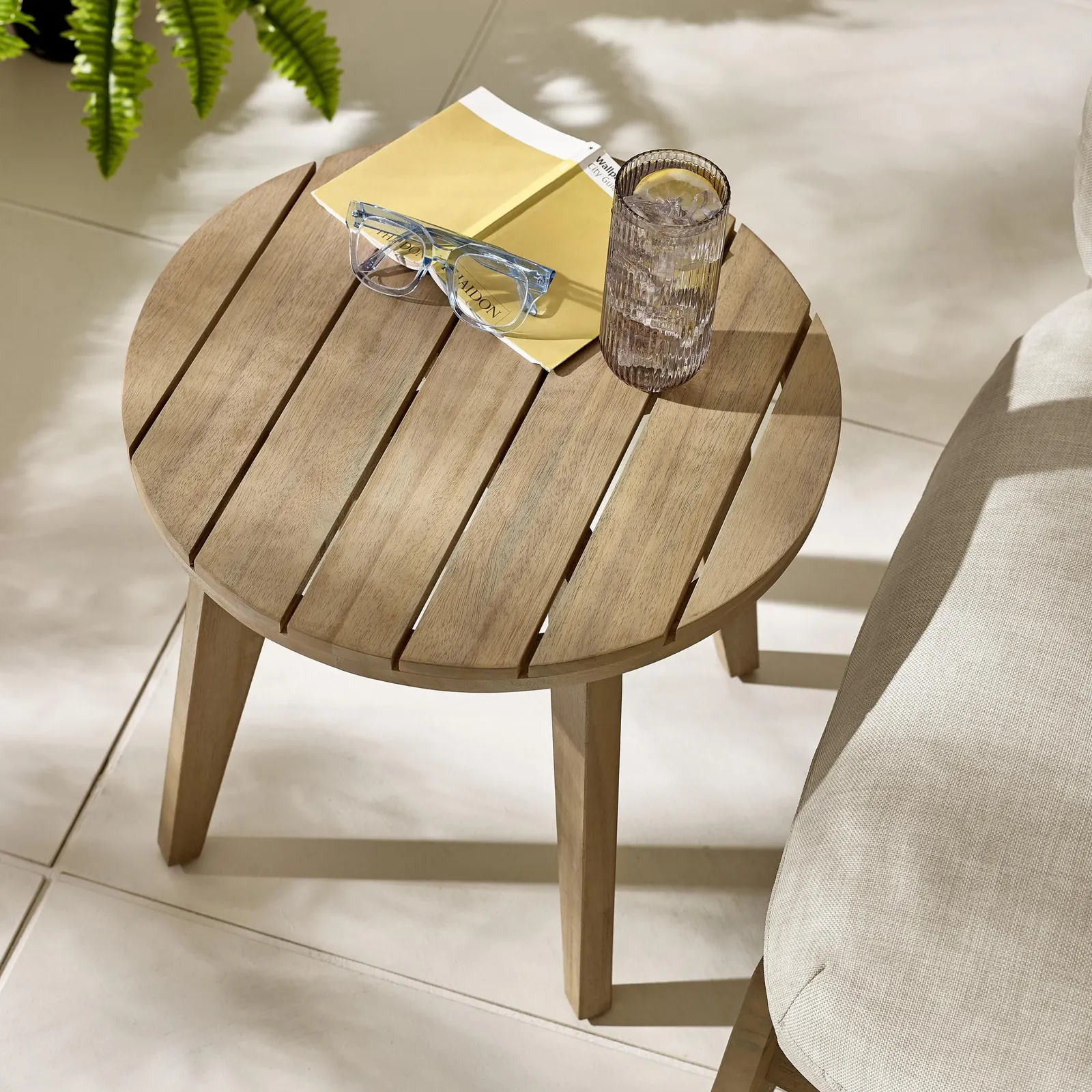 FurnitureboxUK Iko Solid Wood Round Outdoor Indoor Side Table in Light Brown 2