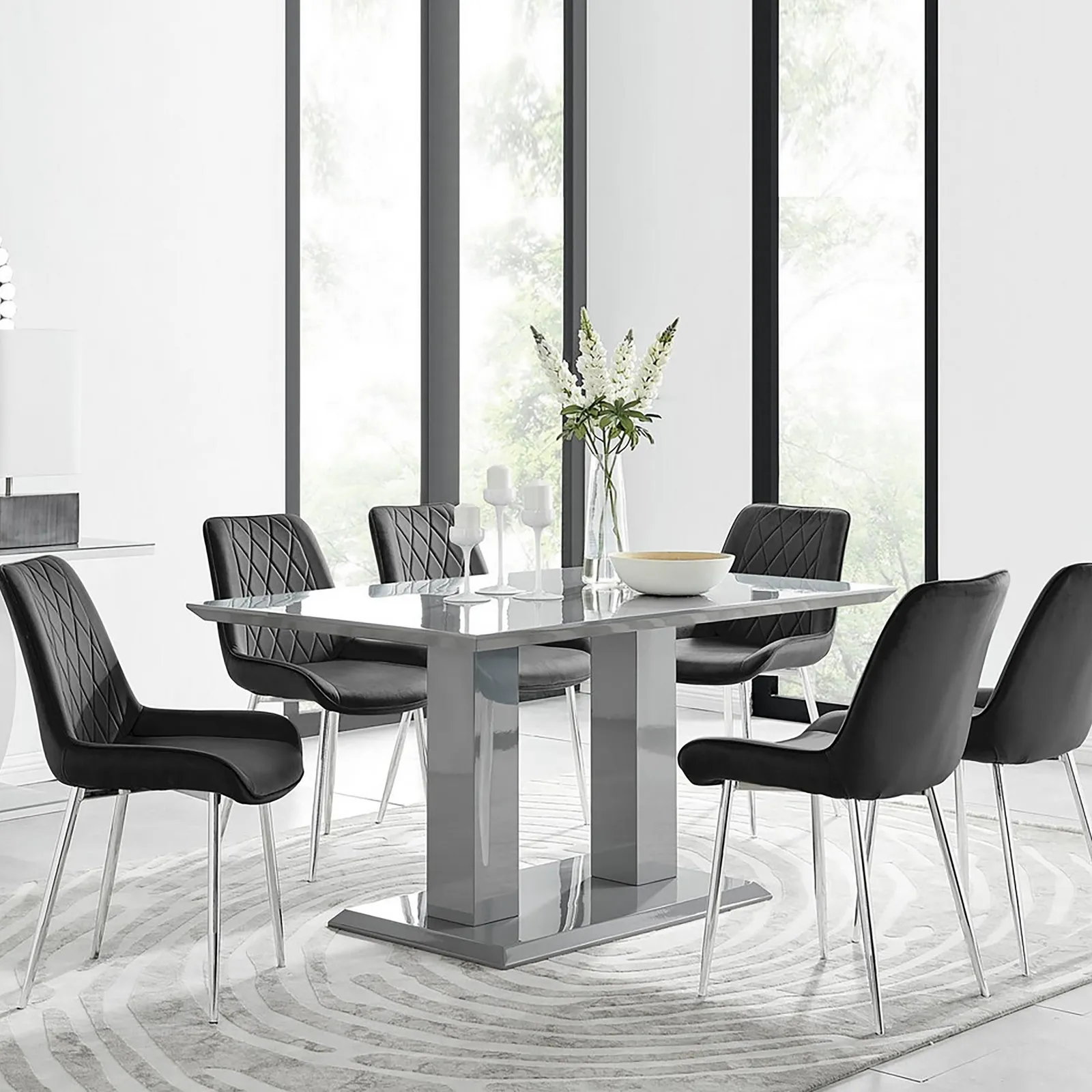 FurnitureboxUK Imperia 6 Grey Dining Table & 6 Pesaro Silver Leg Chairs in Black