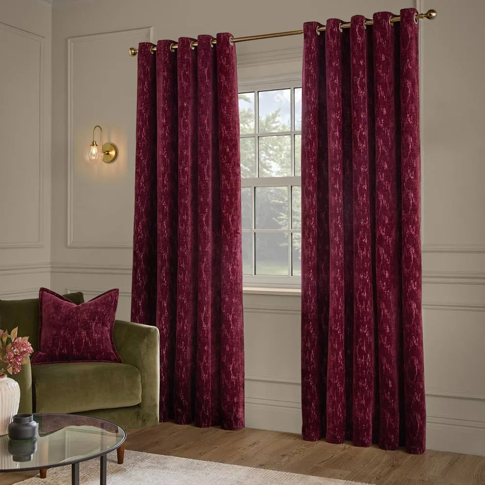 Paoletti Aurelio Chenille Lined Eyelet Curtain Pair Burgundy 117Cm Width 137Cm Drop, Red 4