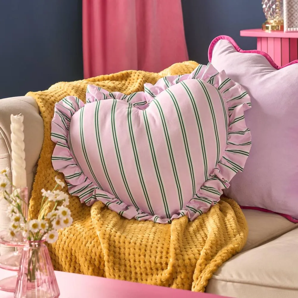 OHS Stripe Frill Heart Shaped Scatter Cushion Throw Pillow in Baby Pink