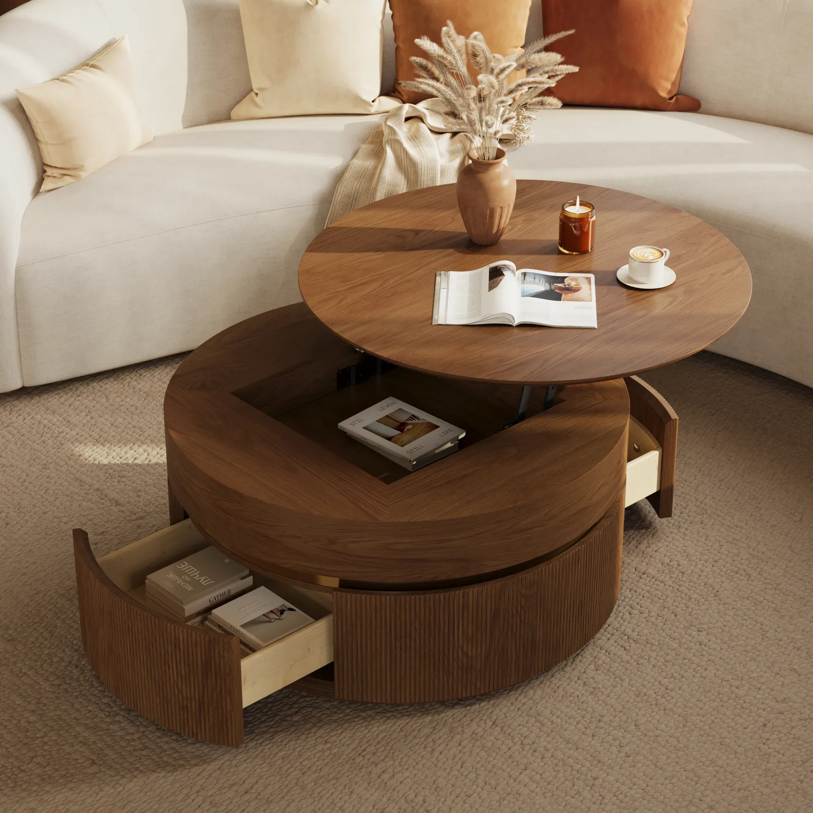 80 cm Fluted Lift-Top Round Walnut Coffee Table with 2 Drawers