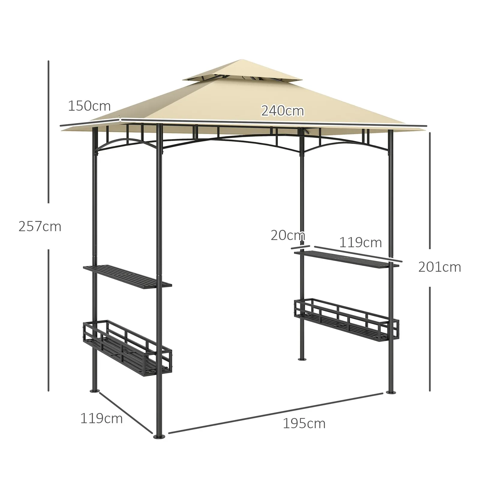 OUTSUNNY 240 x 150cm Grill Gazebo Canopy with 2 Side Shelves, Hook, Beige 3