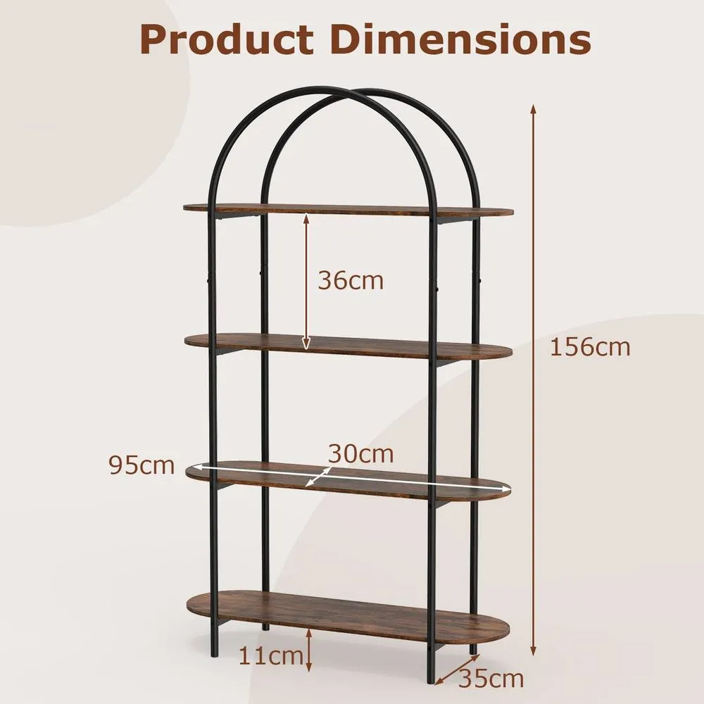 Costway 4-Tier Arched Bookshelf Industrial Bookcase Display Storage Organizer in Brown 2