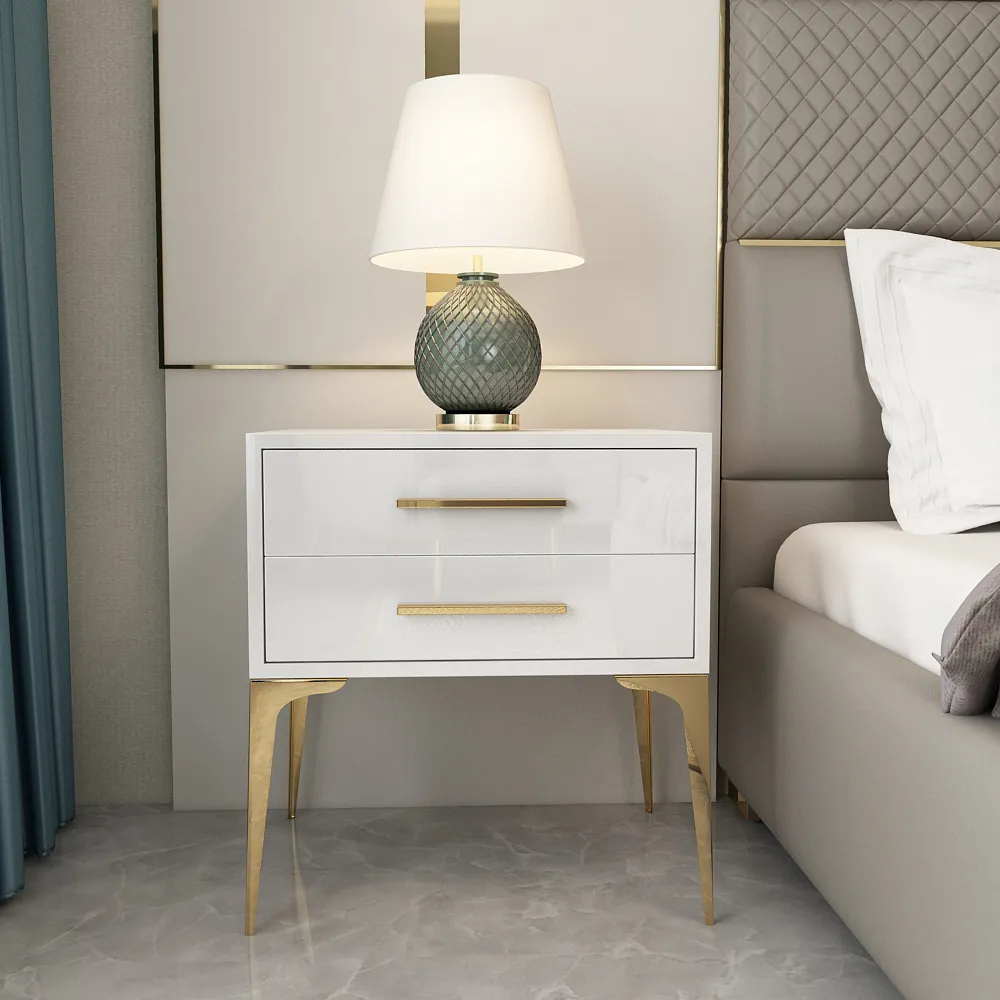 Modern White Bedside Table Glossy 2-Drawer Classic Bedside Cabinet High Legs