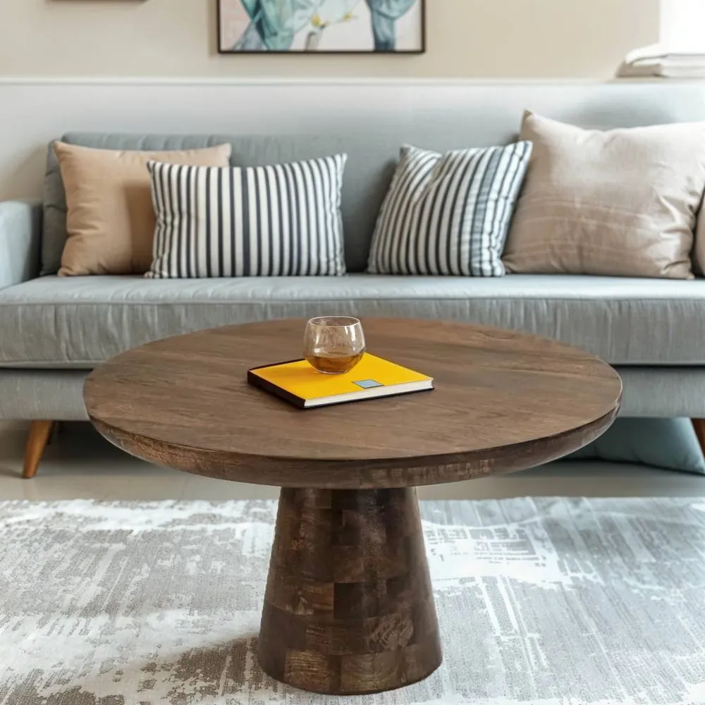 IH Design Natural Solid Dark Mango Wood Round Coffee Table Living Room in Brown 4