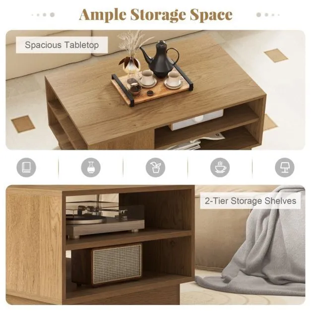 Costway Modern Coffee Table 86cm Long Rectangle Center Table w/ Shelves in Natural 5
