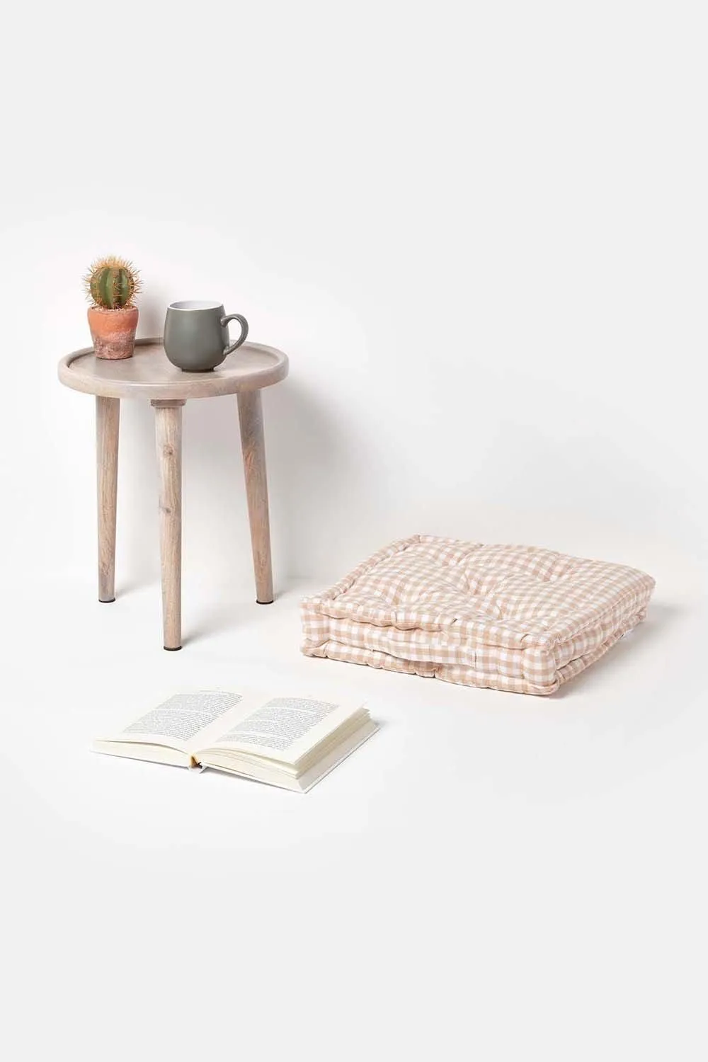 Homescapes Cotton Gingham Check Floor Cushion in Beige 2