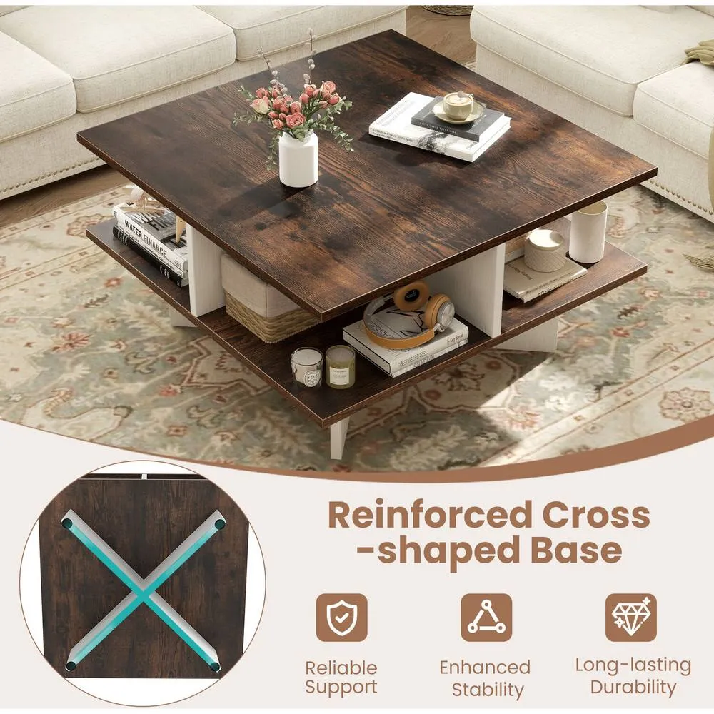 Costway 2-Tier Square Coffee Table 60cm Living Room Center Table-Brown in Brown 2