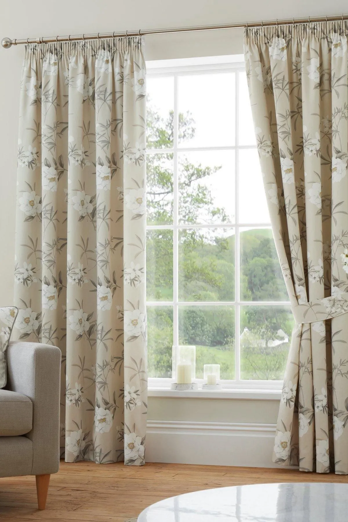 Dreams & Drapes 'Eve' 100% Cotton Floral Pair of Pencil Pleat Curtains With Tie-Backs in Natural