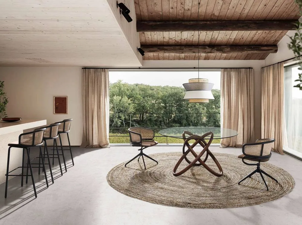 Angel Cerda Round Tempered Glass Dining Table with Walnut 150 cm in Brown 4