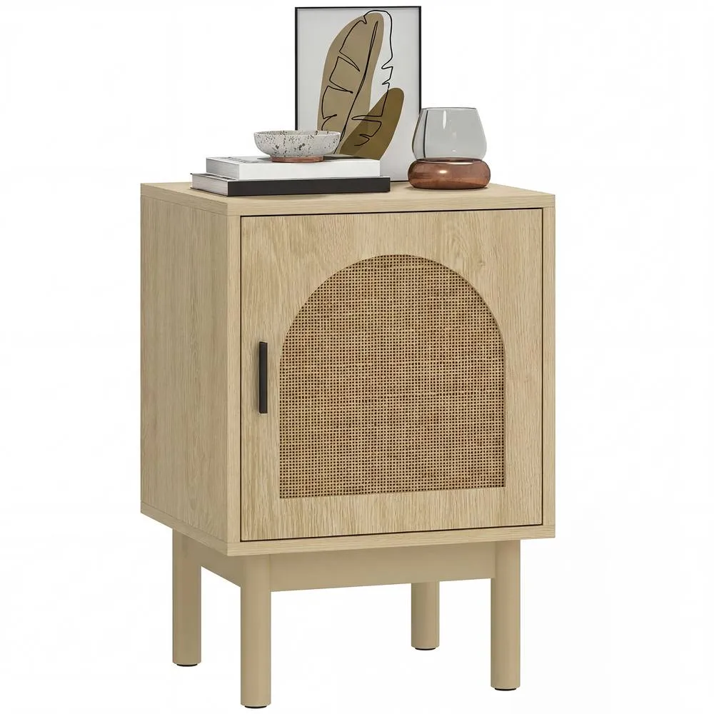 HOMCOM Boho Bedside Table with Rattan Door & Adjustable Shelf, Natural 2
