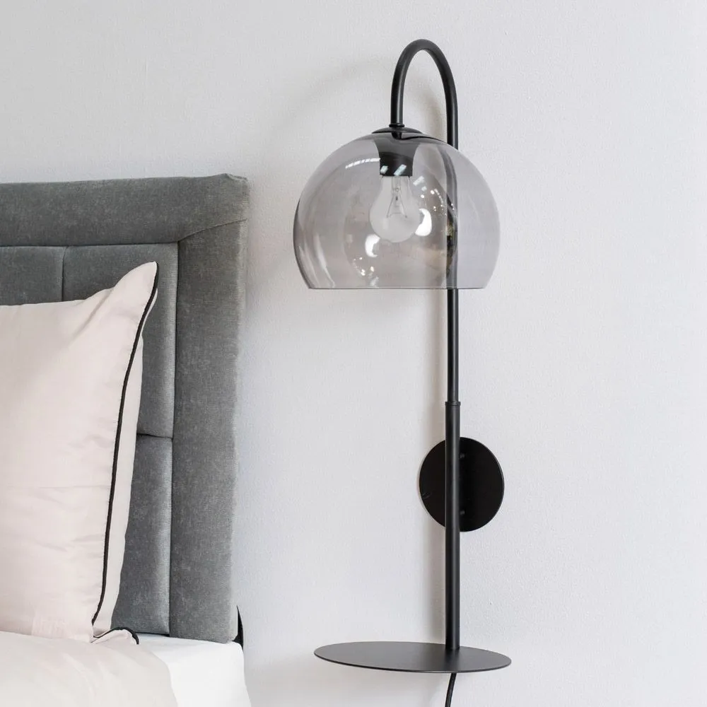 ValueLights Glenn Smoked Glass Globe Shade Wall Light with Matte Black Shelf with LED Bulb 5