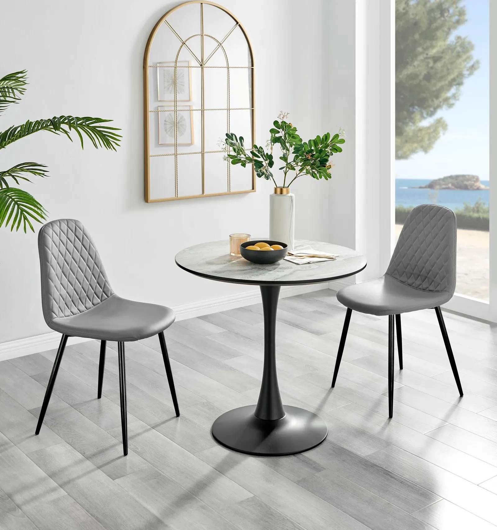 FurnitureboxUK Elina White Marble Effect Scratch Resistant Dining Table & 2 Corona Black Leg Chairs in Grey 1