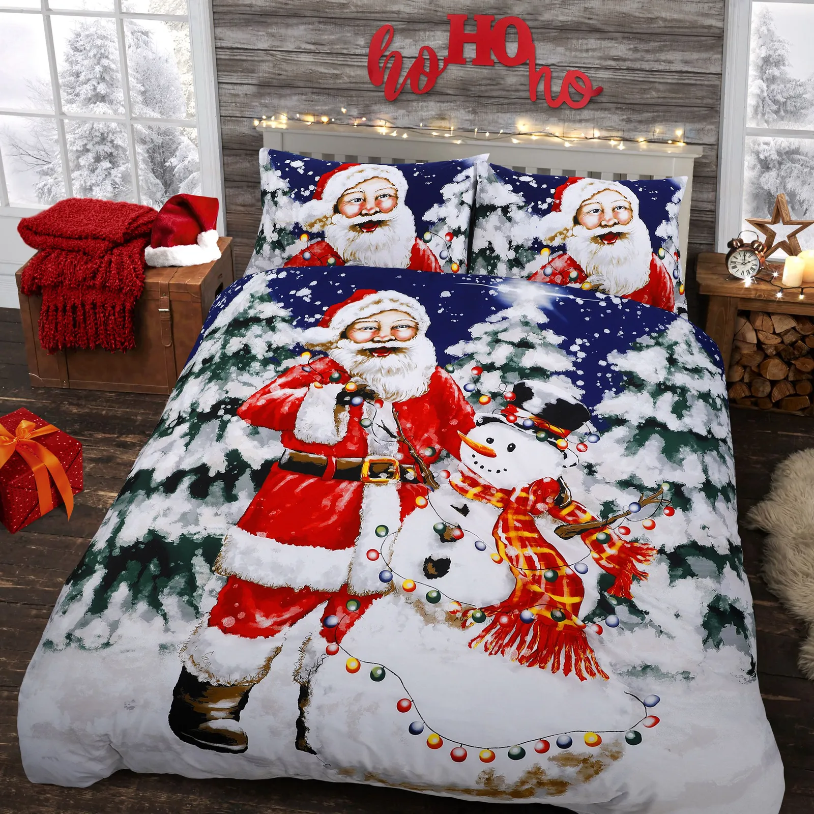 Velosso Santa Xmas Lights Cotton Rich Printed Duvet Cover & Pillowcase Set in Red