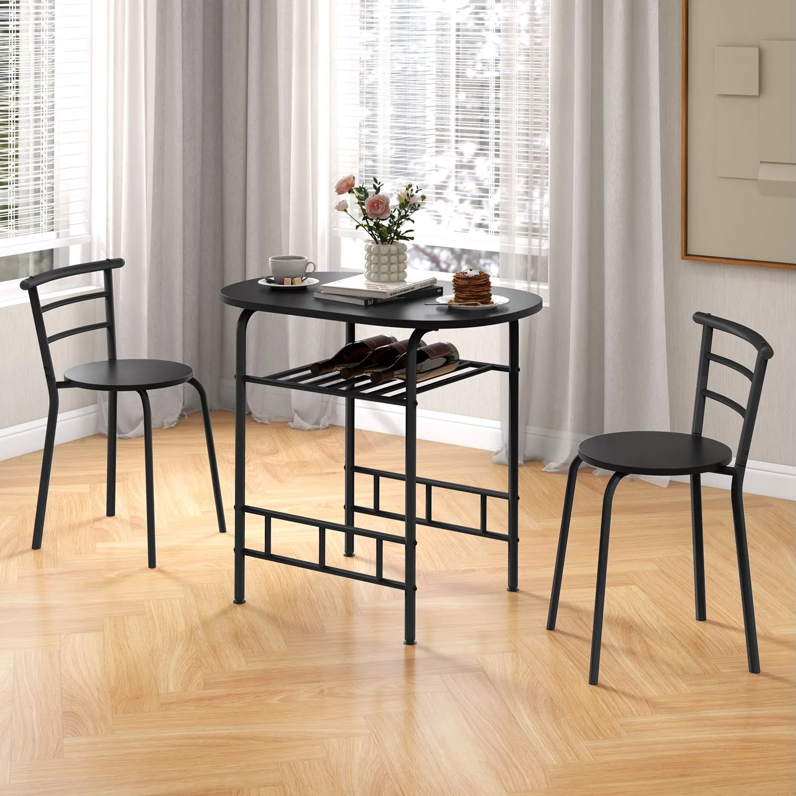 Costway 3-Piece Dining Table Set Kitchen Breakfast Nooks Table & Chairs in Black 4