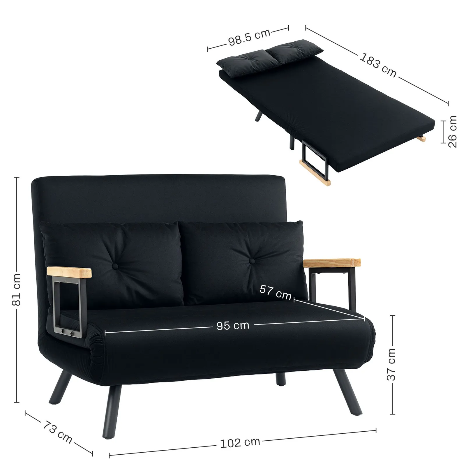 HOMCOM Click Clack 2 Seater Sofa Bed for Living Room, Guest Room in Black 3