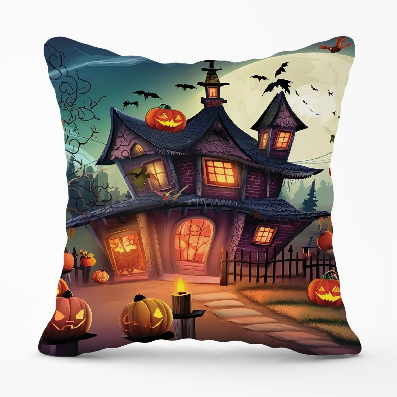 Warren Reed - Designer Spooky Halloween House Outdoor Cushion in Orange