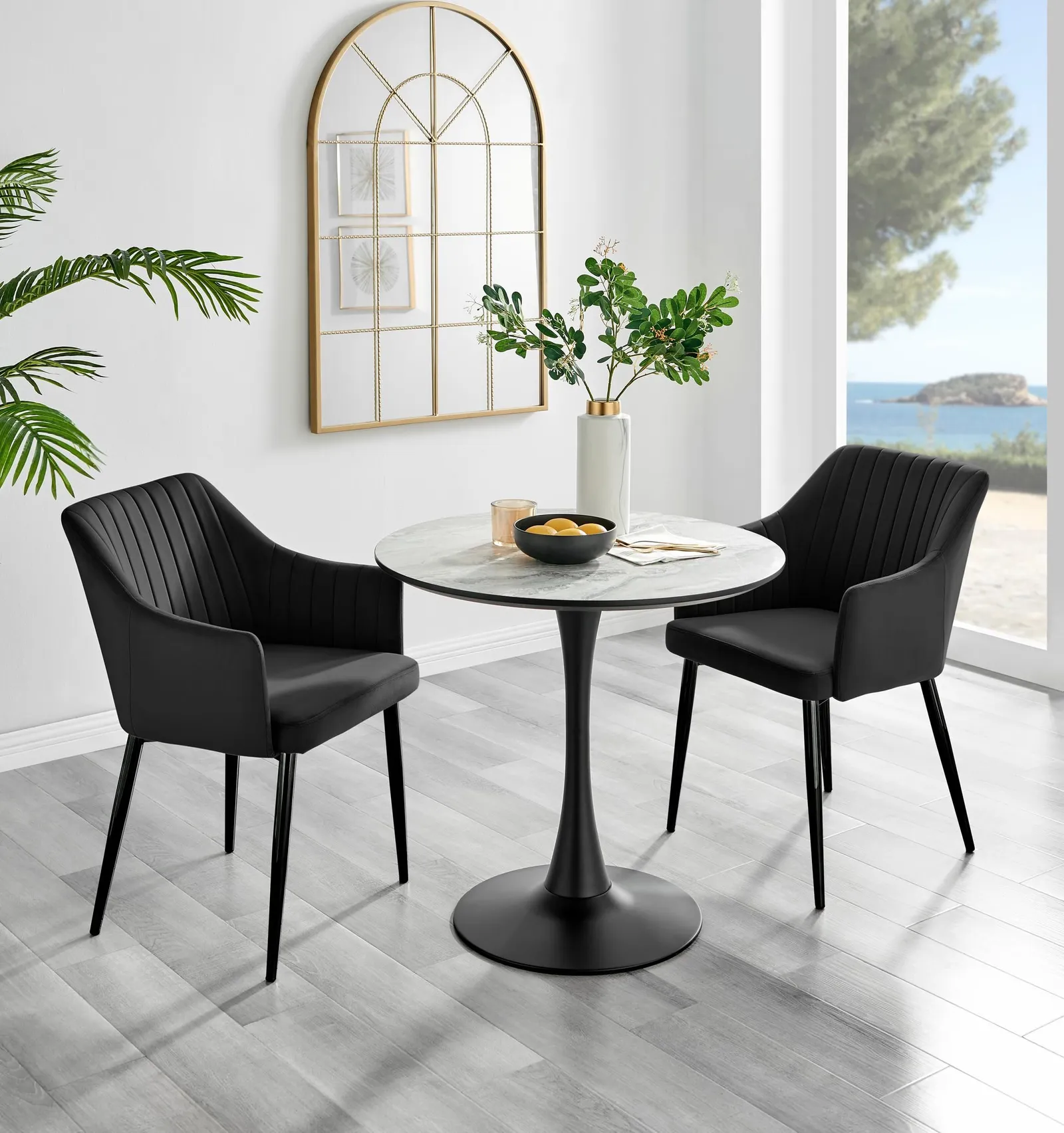 FurnitureboxUK Elina White Marble Effect Scratch Resistant Dining Table & 2 Calla Velvet Black Leg Chairs 1