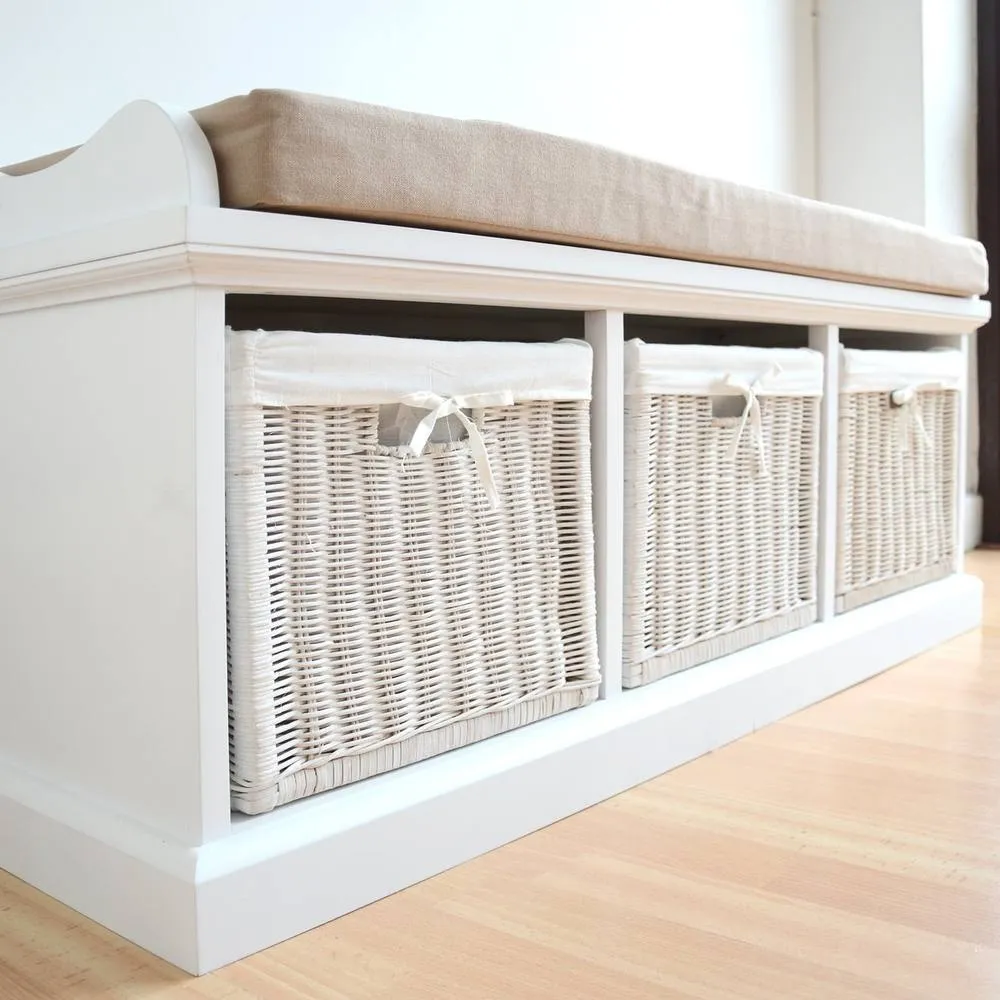 Statement Furniture Tetbury Bench with 3 White Wicker Baskets & Cream Cushion